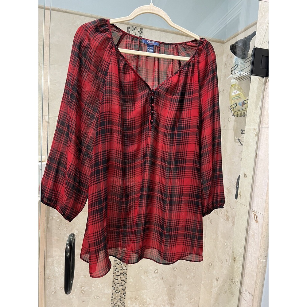 Chaps Denim Women Red Black Plaid Sheer Long Sleeve Knit Top XL